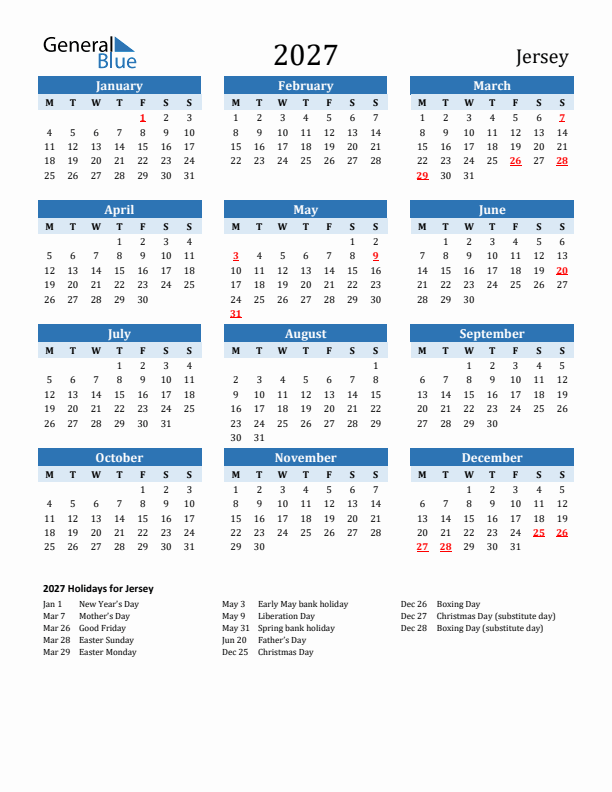 Printable Calendar 2027 with Jersey Holidays (Monday Start)
