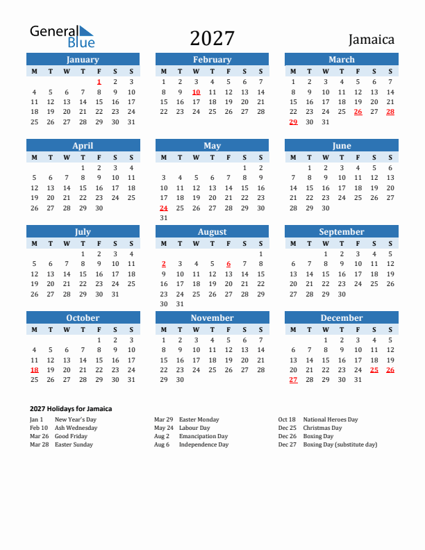 Printable Calendar 2027 with Jamaica Holidays (Monday Start)