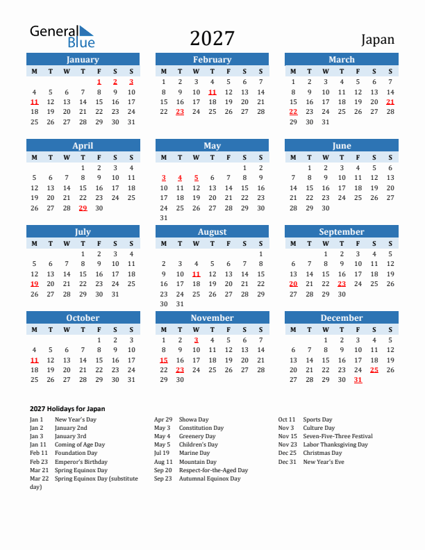 Printable Calendar 2027 with Japan Holidays (Monday Start)