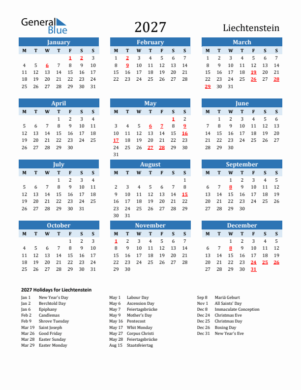 Printable Calendar 2027 with Liechtenstein Holidays (Monday Start)