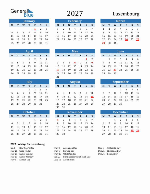 Printable Calendar 2027 with Luxembourg Holidays (Monday Start)