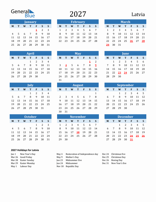 Printable Calendar 2027 with Latvia Holidays (Monday Start)
