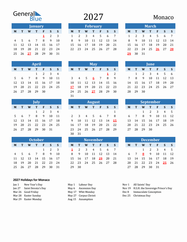 Printable Calendar 2027 with Monaco Holidays (Monday Start)