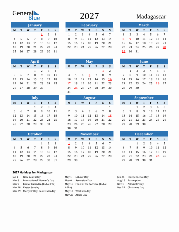 Printable Calendar 2027 with Madagascar Holidays (Monday Start)