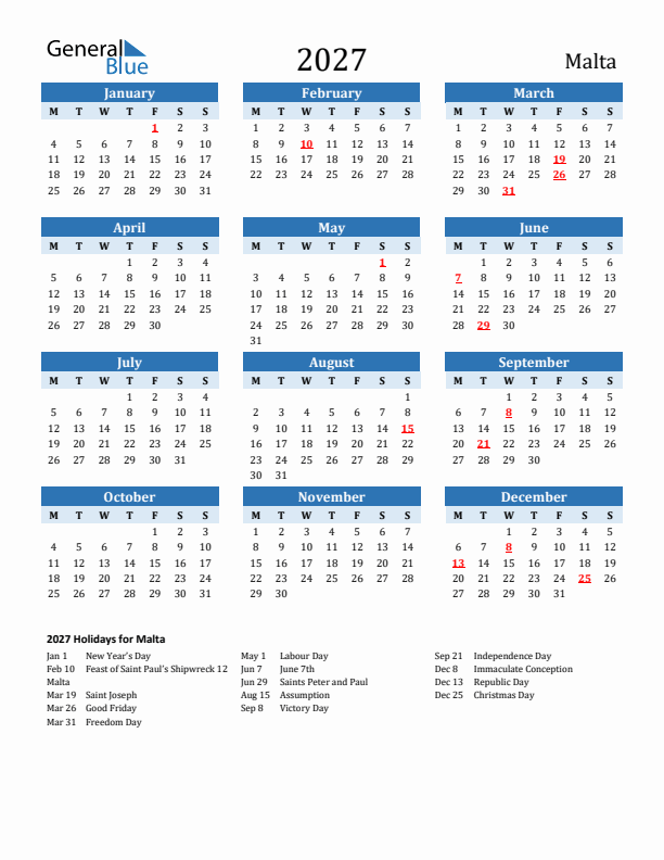 Printable Calendar 2027 with Malta Holidays (Monday Start)