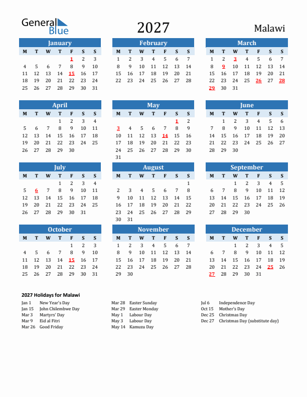 Printable Calendar 2027 with Malawi Holidays (Monday Start)