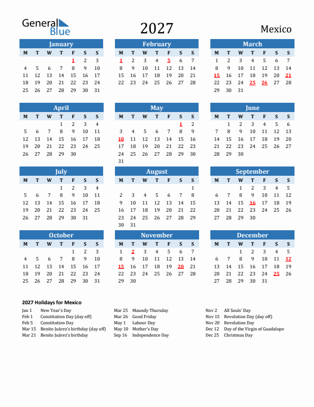 Printable Calendar 2027 with Mexico Holidays (Monday Start)