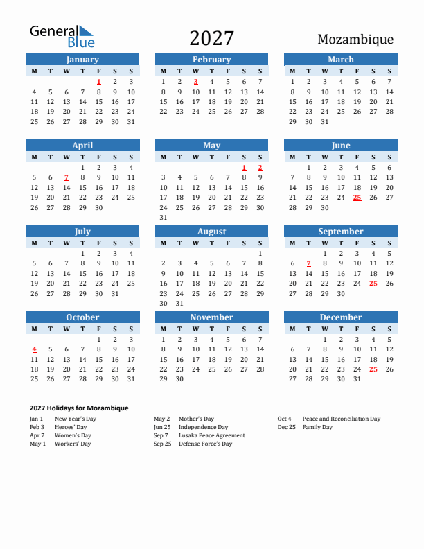 Printable Calendar 2027 with Mozambique Holidays (Monday Start)