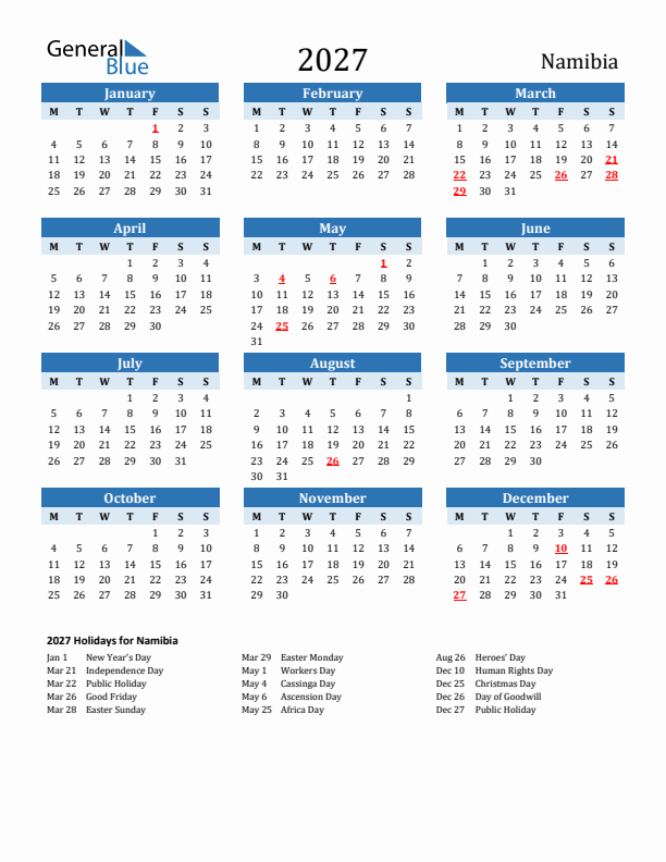 Printable Calendar 2027 with Namibia Holidays (Monday Start)