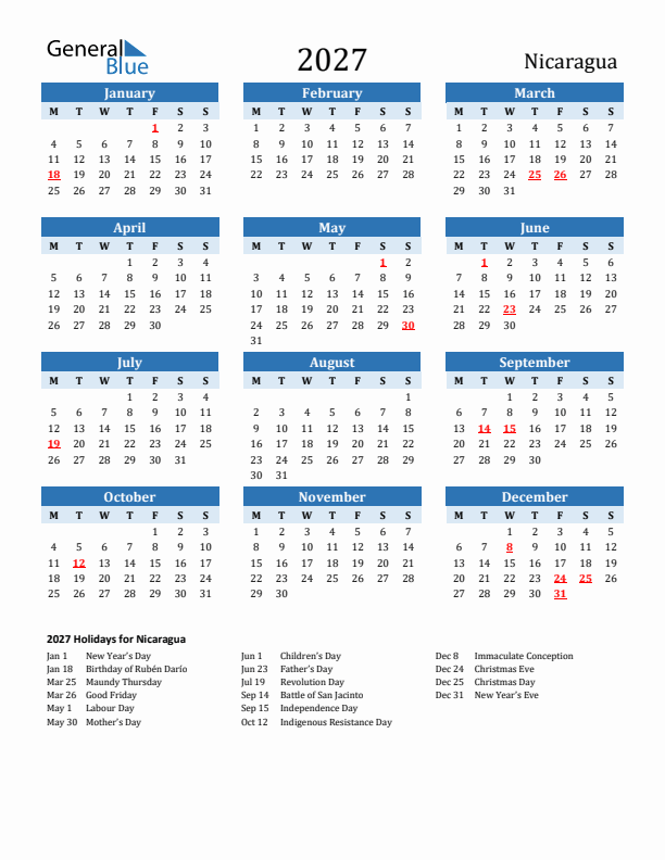 Printable Calendar 2027 with Nicaragua Holidays (Monday Start)