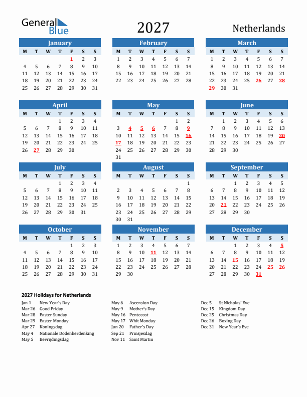 Printable Calendar 2027 with The Netherlands Holidays (Monday Start)
