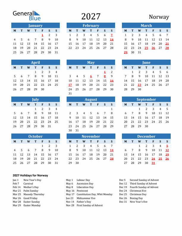 Printable Calendar 2027 with Norway Holidays (Monday Start)