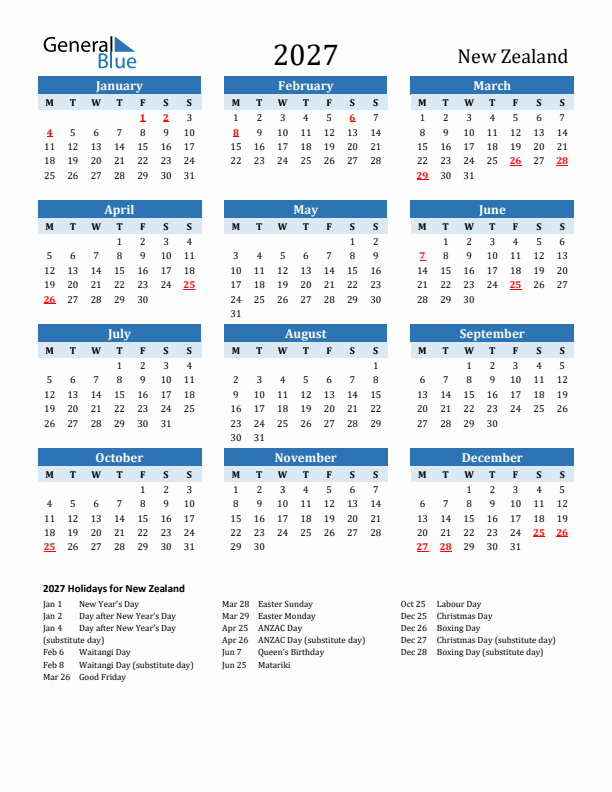 2027 New Zealand Calendar with Holidays