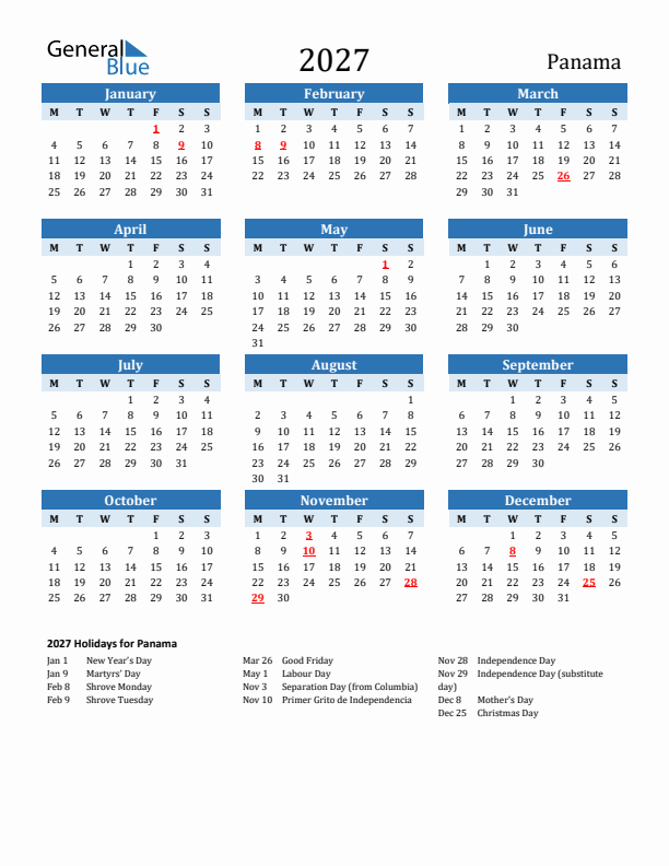 Printable Calendar 2027 with Panama Holidays (Monday Start)