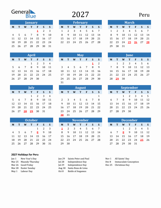 Printable Calendar 2027 with Peru Holidays (Monday Start)