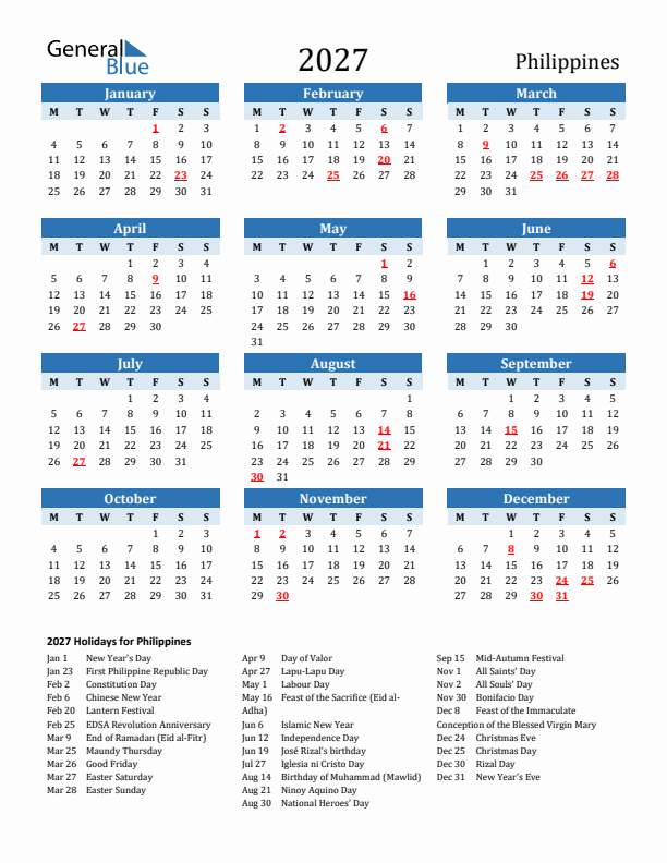 Printable Calendar 2027 with Philippines Holidays (Monday Start)