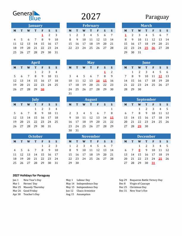 Printable Calendar 2027 with Paraguay Holidays (Monday Start)
