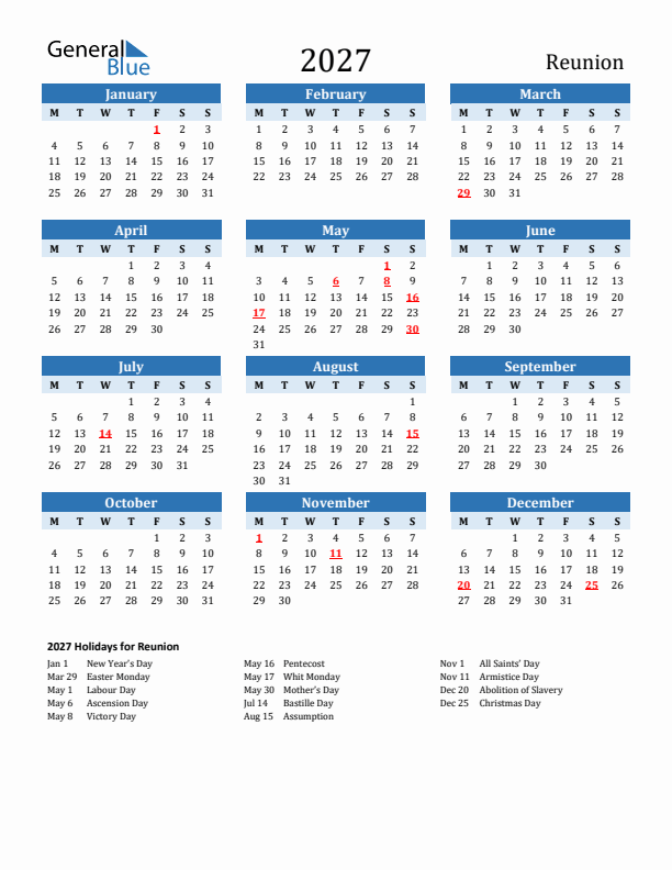 Printable Calendar 2027 with Reunion Holidays (Monday Start)