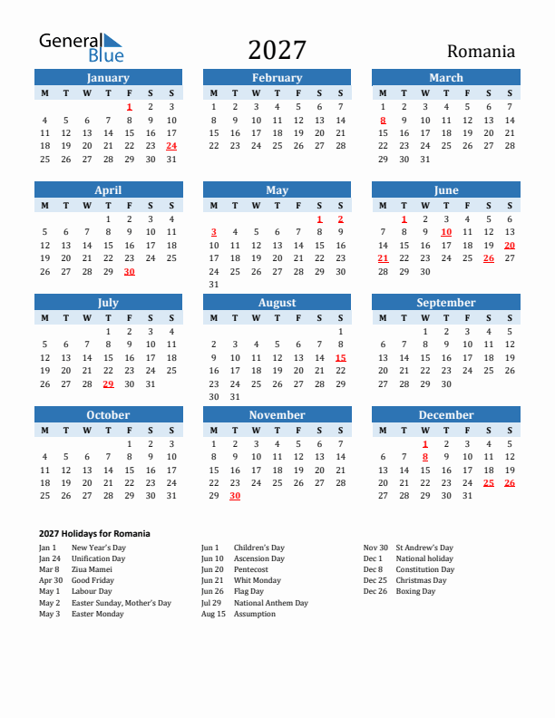 Printable Calendar 2027 with Romania Holidays (Monday Start)