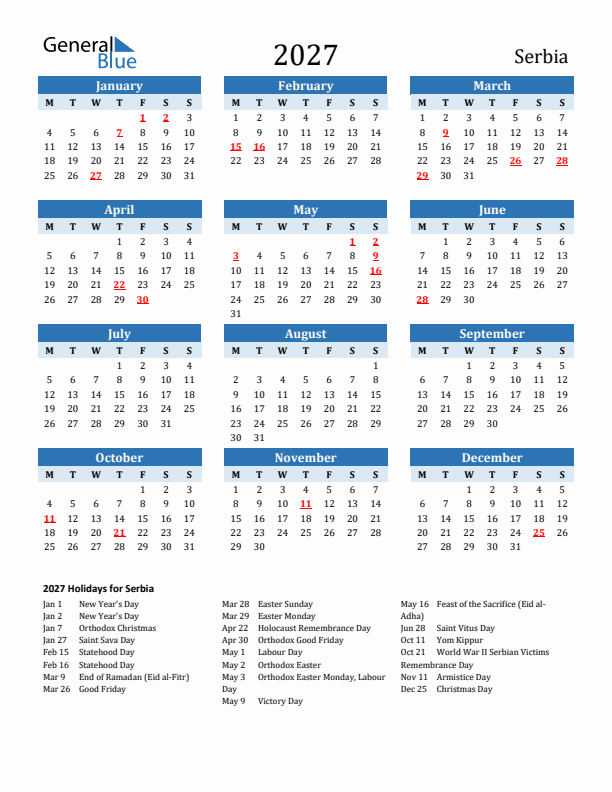 Printable Calendar 2027 with Serbia Holidays (Monday Start)