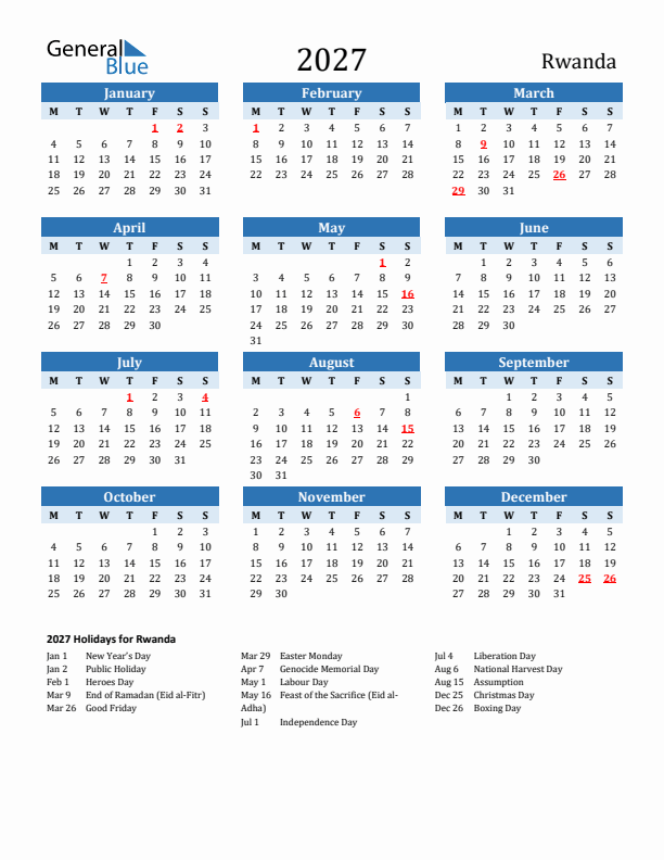 Printable Calendar 2027 with Rwanda Holidays (Monday Start)