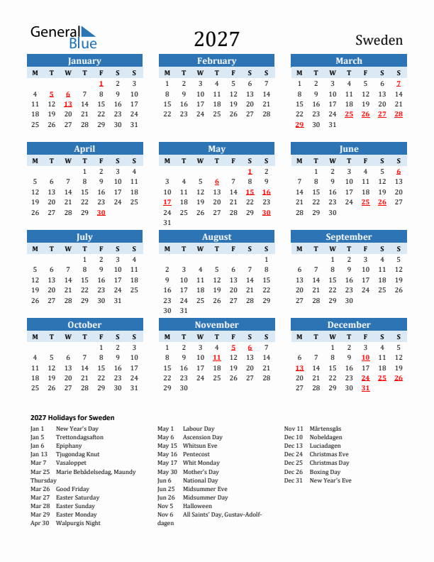 Printable Calendar 2027 with Sweden Holidays (Monday Start)