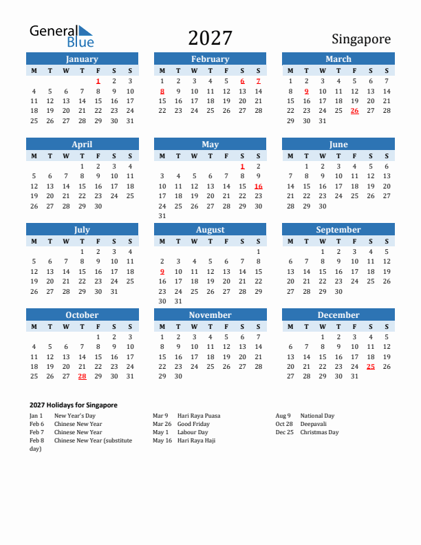 Printable Calendar 2027 with Singapore Holidays (Monday Start)