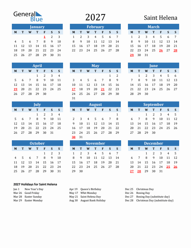 Printable Calendar 2027 with Saint Helena Holidays (Monday Start)