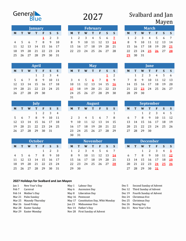 Printable Calendar 2027 with Svalbard and Jan Mayen Holidays (Monday Start)