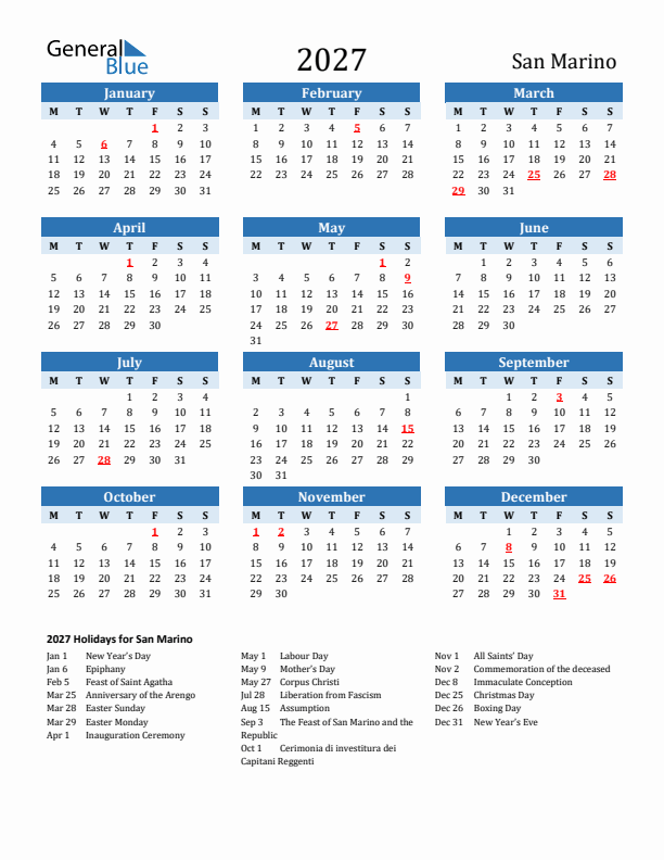 Printable Calendar 2027 with San Marino Holidays (Monday Start)