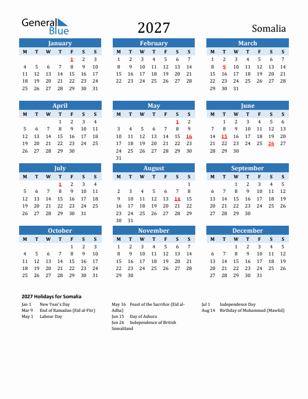 Printable Calendar 2027 with Somalia Holidays (Monday Start)