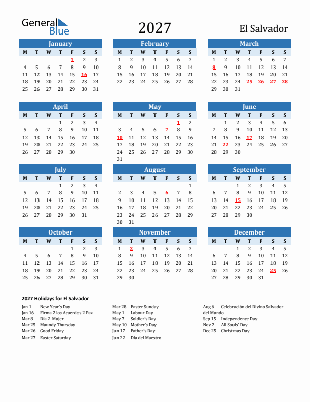 Printable Calendar 2027 with El Salvador Holidays (Monday Start)