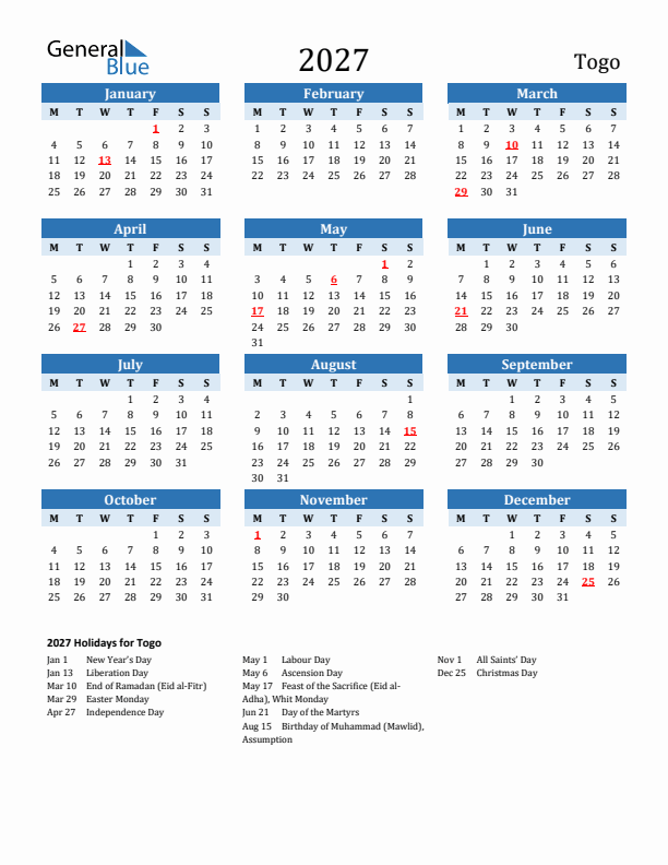 Printable Calendar 2027 with Togo Holidays (Monday Start)