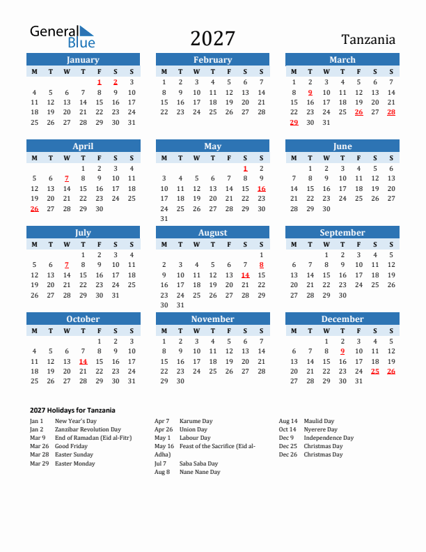 Printable Calendar 2027 with Tanzania Holidays (Monday Start)
