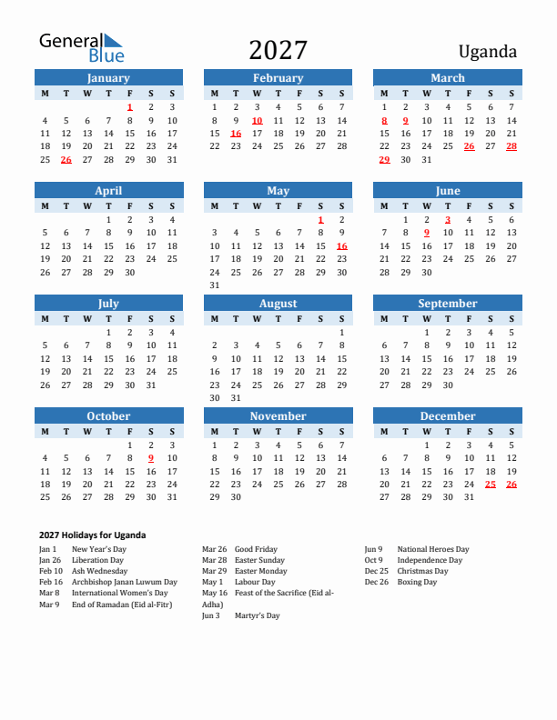 Printable Calendar 2027 with Uganda Holidays (Monday Start)