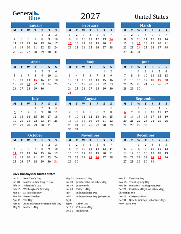 Printable Calendar 2027 with United States Holidays (Monday Start)
