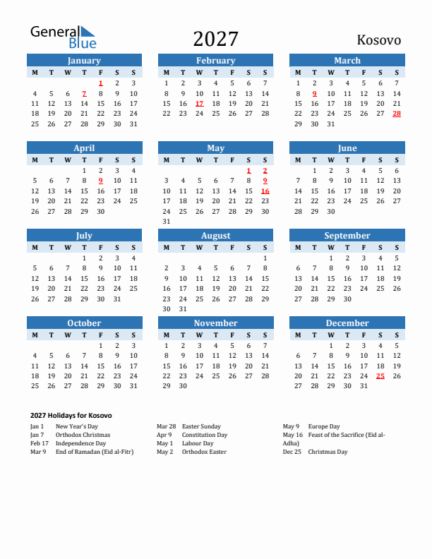 Printable Calendar 2027 with Kosovo Holidays (Monday Start)