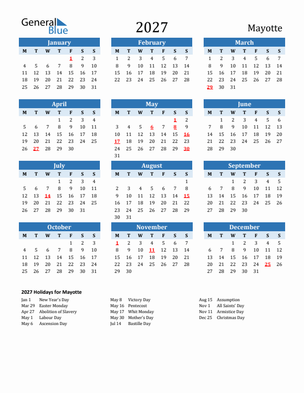 Printable Calendar 2027 with Mayotte Holidays (Monday Start)