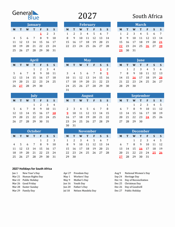Printable Calendar 2027 with South Africa Holidays (Monday Start)