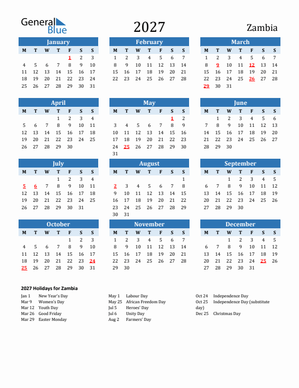 Printable Calendar 2027 with Zambia Holidays (Monday Start)