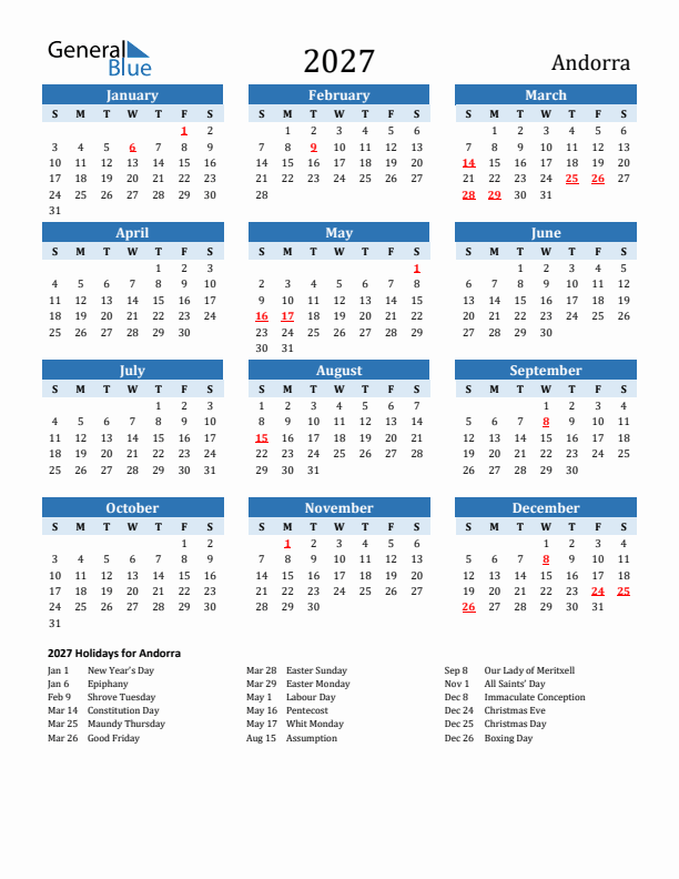 Printable Calendar 2027 with Andorra Holidays (Sunday Start)
