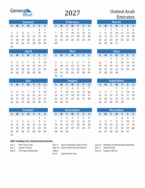 Printable Calendar 2027 with United Arab Emirates Holidays (Sunday Start)