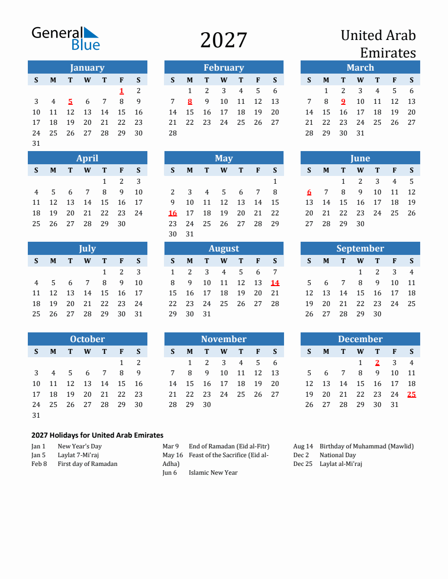 2027 Printable Calendar with United Arab Emirates Holidays