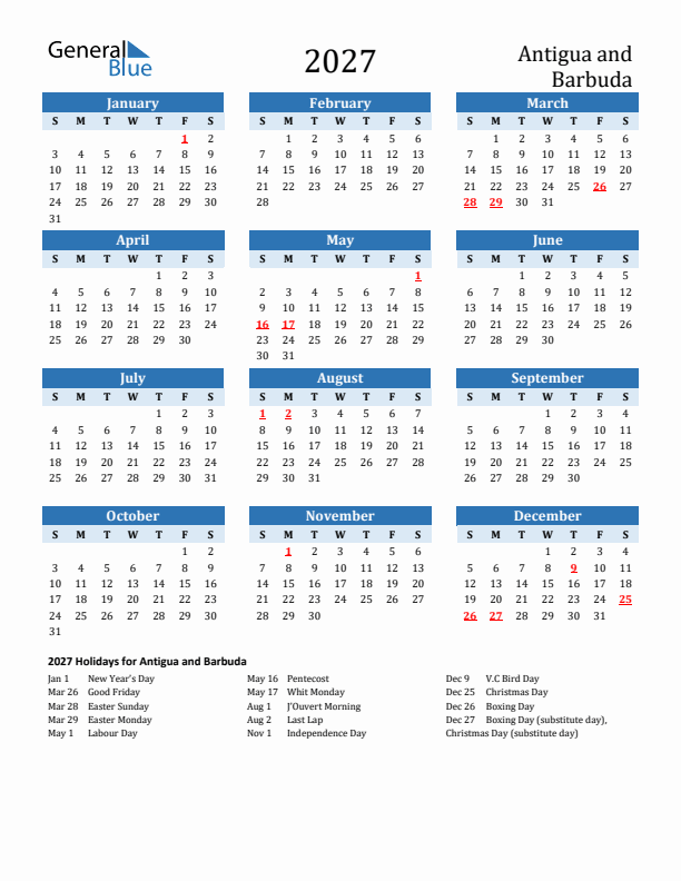 Printable Calendar 2027 with Antigua and Barbuda Holidays (Sunday Start)