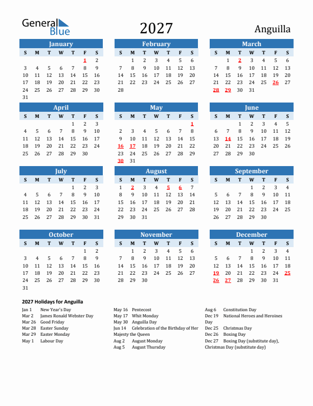 Printable Calendar 2027 with Anguilla Holidays (Sunday Start)