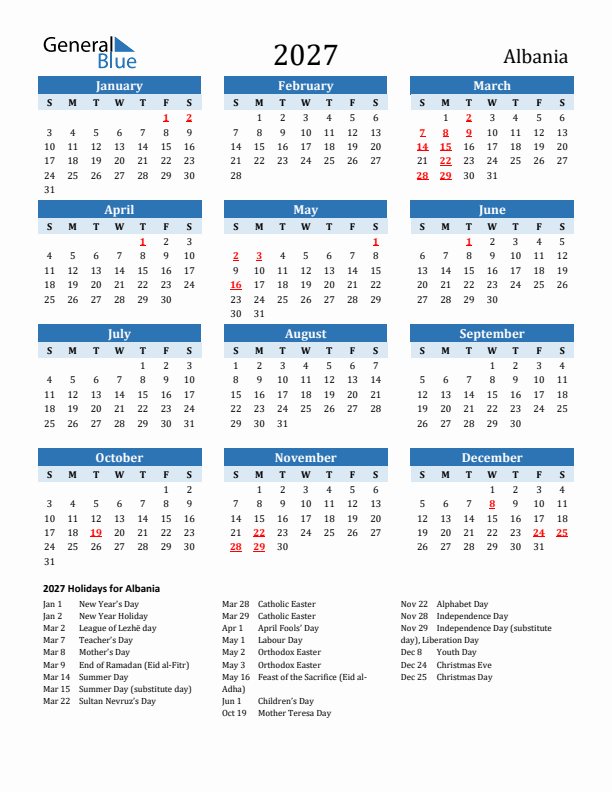 Printable Calendar 2027 with Albania Holidays (Sunday Start)