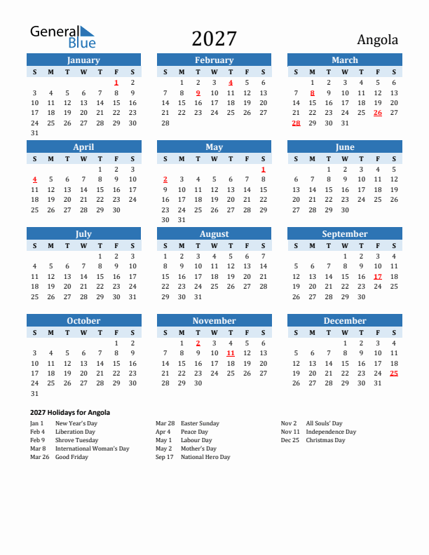 Printable Calendar 2027 with Angola Holidays (Sunday Start)