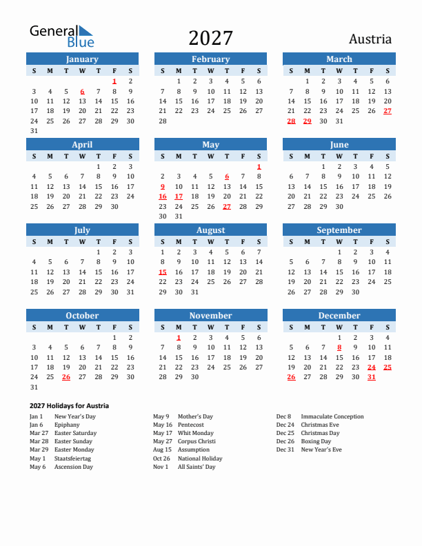 Printable Calendar 2027 with Austria Holidays (Sunday Start)