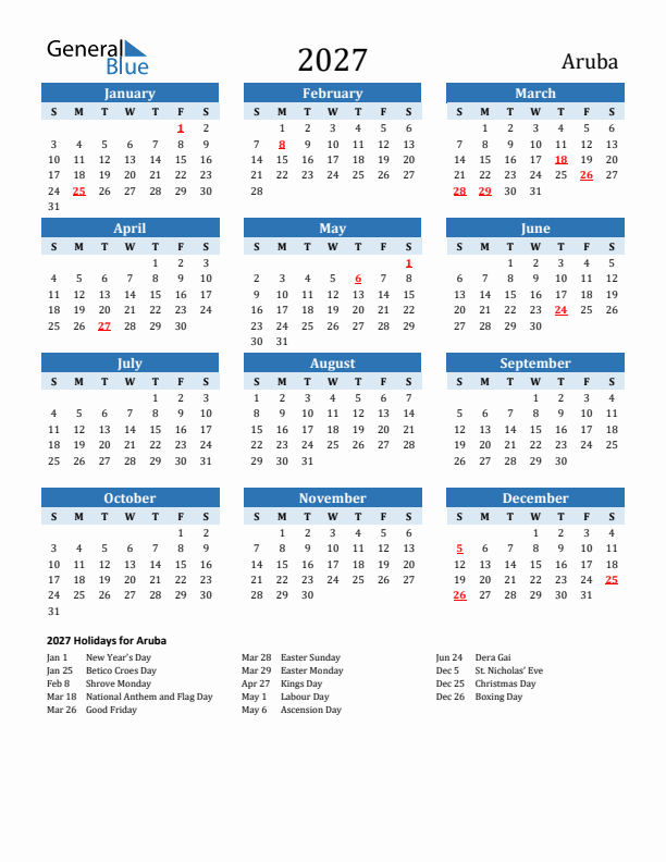 Printable Calendar 2027 with Aruba Holidays (Sunday Start)