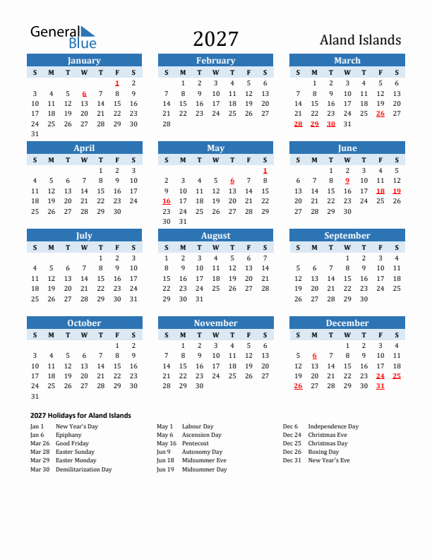 Printable Calendar 2027 with Aland Islands Holidays (Sunday Start)